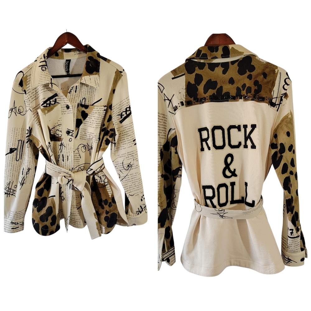 VTG Berek Rock & Roll Graphic Belted Jacket Sz L Edgy Eclectic Artsy Y2K Pocket